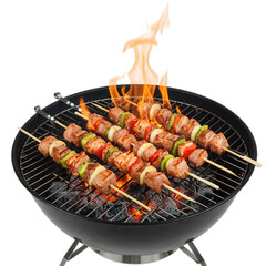 Delicious grilled meat skewers on a charcoal grill isolated on transparent background