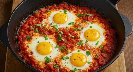Shakshuka with four eggs in a cast iron skillet on a wooden surface