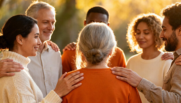 Diverse Support Group Standing in Warm Sunset Circle, Embracing Compassion, Mental Health, Community Connection, Emotional Support and Togetherness Concept