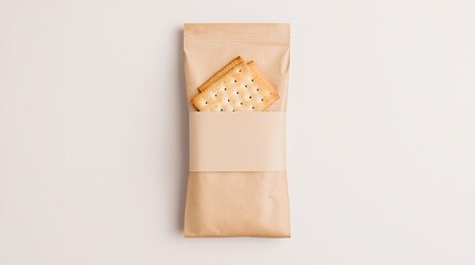 Cracker sandwich snack in a brown paper bag, isolated on white background