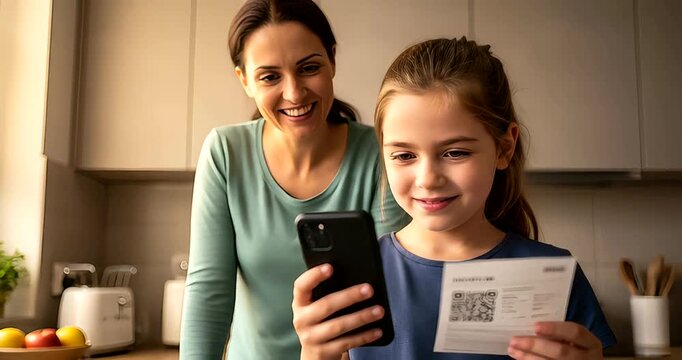Happy Mother and Daughter Scanning a QR Code Together in a Bright Kitchen Setting