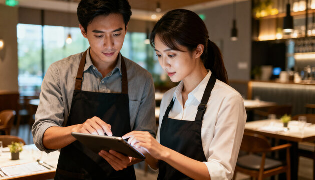 Two Asian Hospitality Workers Collaborating Using Digital Tablet in Modern Restaurant Interior, Staff Training, Teamwork, Service Management, Technology