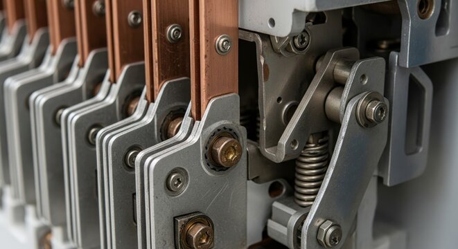 Close-up of industrial electrical switchgear components and mechanisms.