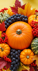 Close-up of pumpkins, grapes, and autumn leaves, creating a vibrant fall harvest scene, symbolizing abundance, Thanksgiving, and autumnal warmth