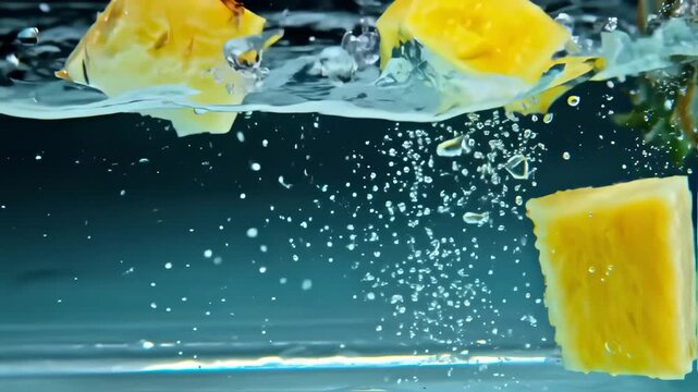 Pineapple chunks plunging into water, creating splashes and bubbles