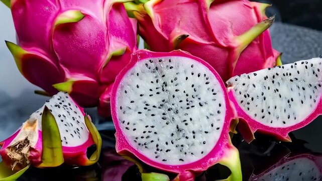 Fresh, vibrant dragon fruit, sliced and displayed