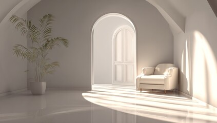 A sunlit, minimalist interior showcases a beige armchair, a potted plant, and arched doorways in a calming space.