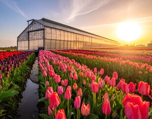 Colorful tulip field at sunrise, greenhouse