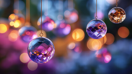 Obraz premium Crystal spheres hanging, reflecting colorful bokeh lights, festive holiday decoration under soft light, showcasing reflective brilliance and festive shimmer, serene holiday scene, 