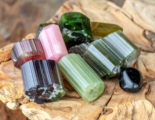 Colorful tumbled crystals on wood