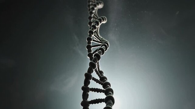 Peptide chain double helix black and white DNA style, molecular bonds visualization for science, biotechnology, protein structure research, genetics and biology concepts