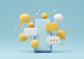 Modern smartphone communication with 3D speech bubbles and decorative elements symbolizing digital conversation and messaging apps on a soft blue background