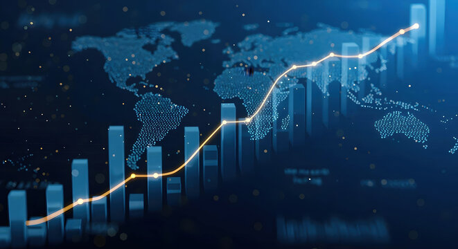 Global financial growth represented by charts and a world map.