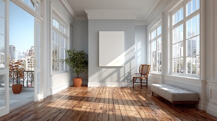 Obraz premium Minimalist artwork hanging on clean white wall with large surrounding blank space, elegant modern interior background perfect for advertising, branding and creative design concepts.