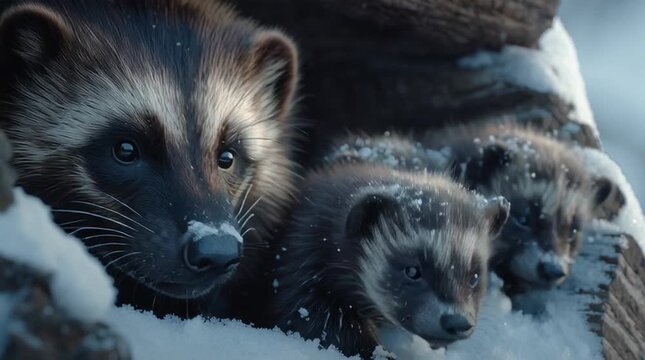 Tender wildlife moment, wolverine mother with cubs in snowy den, protective maternal instinct,