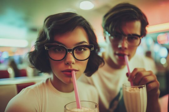 Vintage diner scene with teens enjoying milkshakes in retro style