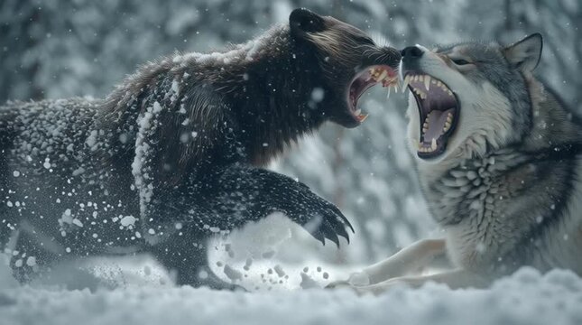 Epic wildlife battle of wolverine and wolf fighting in snowy winter forest, teeth bared and claws extended,