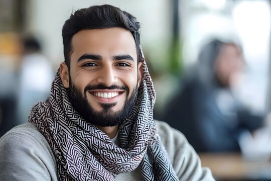 AI image: Smiling Middle Eastern man with scarf in cafe, portrait radiates joy and culture,