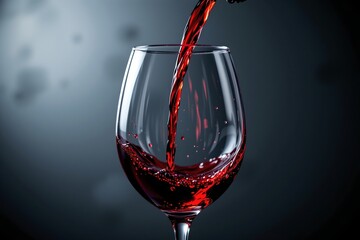 Macro cinematic detail of red wine being poured into a crystal clear glass, shot against a dark moody background