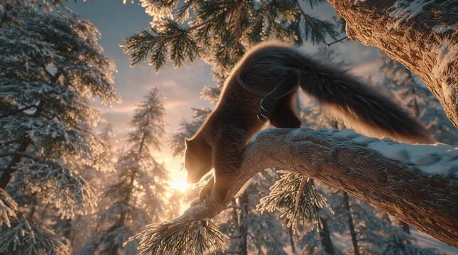 Wolverine climbing a tall pine tree in snowy winter forest, claws gripping bark, dramatic sunset silhouette, 