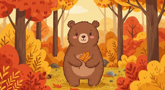 Fototapeta Cute cartoon bear in autumn forest holding leaves illustration