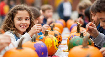 Smiling girl painting orange pumpkins with colorful paints, other children painting in background, autumn activity, Halloween theme