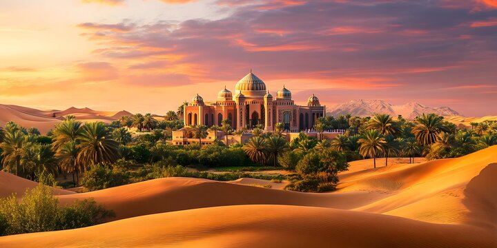 AI image A majestic palace amidst rolling sand dunes at sunset, serene oasis with palm trees