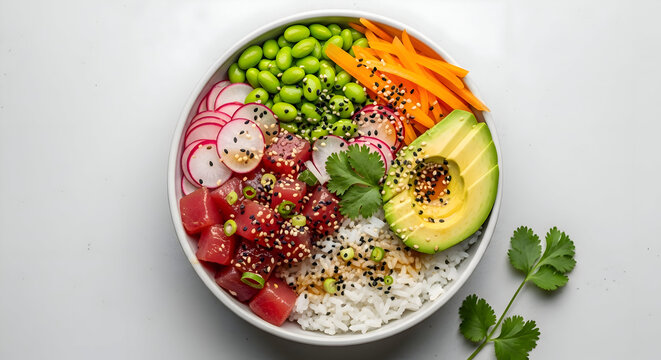 A vibrant and healthy poke bowl with fresh tuna, avocado, edamame, and vegetables on a bed of rice, viewed from above.
