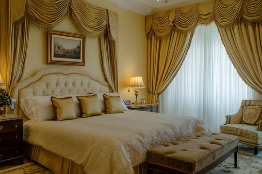 AI image: Luxurious Bedroom Suite with Gold Drapes and Elegant Furnishings offering a comfortable