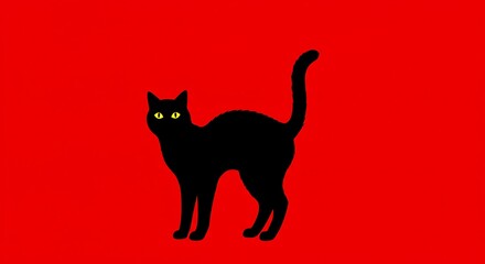 Silhouette of a black cat with glowing eyes on a red background