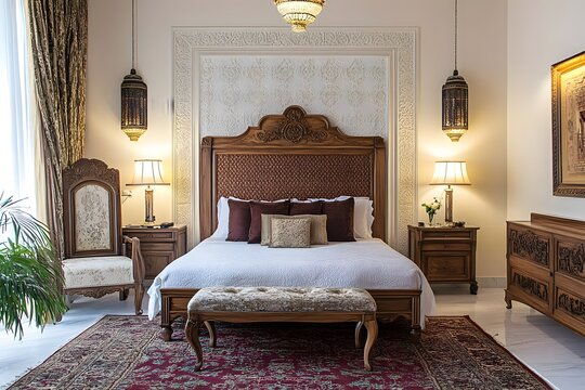 AI image Luxurious bedroom featuring a carved wooden bed frame and ornate details interior design
