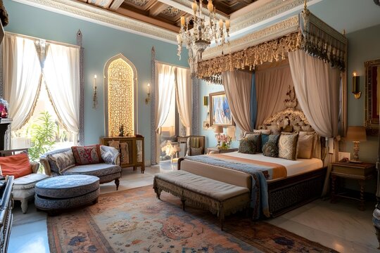 AI image An opulent bedroom suite featuring a four-poster bed with intricate carvings and delicate