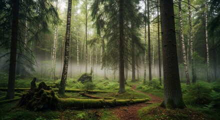 Fototapeta premium Misty Morning Sunbeams Filtering Through an Ancient Green Forest.