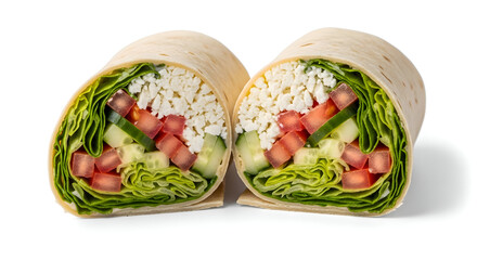 Fresh vegetable and feta cheese wrap cut in half, showing vibrant green lettuce, red tomatoes, diced cucumbers, and crumbled white cheese.