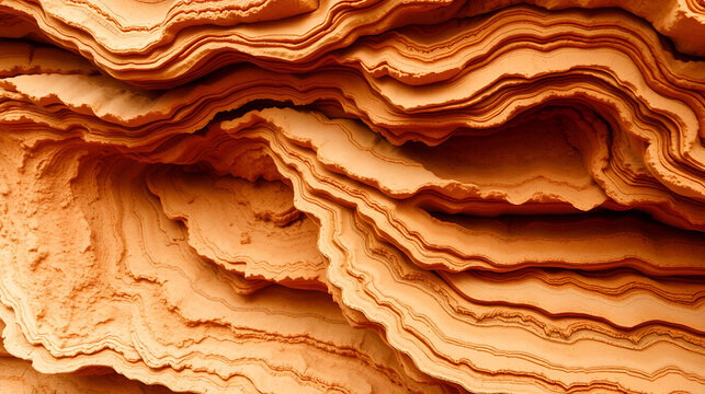 Abstract close-up of layered, sedimentary rock formation showcasing swirling, undulating patterns in warm, earthy tones of brown, beige, and tan.