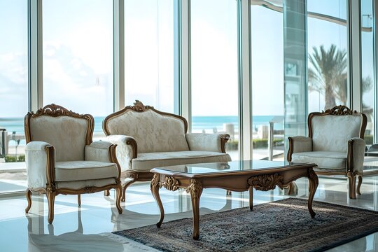AI image: Luxurious Living Room with Antique Furniture and Ocean View through large windows on