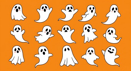 Obraz premium Collection of cartoon ghosts on orange background