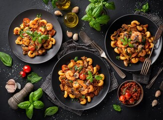 Delicious pasta with savory mushrooms served elegantly on three distinct plates, a gourmet dining experience perfect for culinary blogs and restaurant promotions.