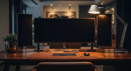 Modern Home Office Setup with Multiple Monitors and Desk Lamp.
