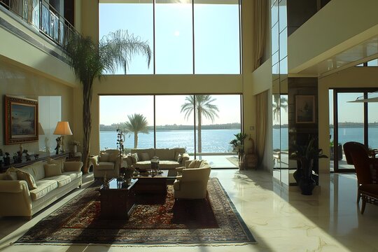 AI image. Opulent living room showcases panoramic ocean views through expansive windows, bathed in