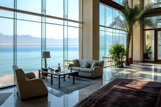 AI image Luxury coastal living room interior with panoramic ocean views and refined decor creates