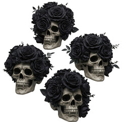 Four skulls adorned with black roses isolated on transparent background