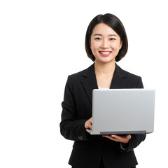 Smiling businesswoman holding laptop isolated on transparent background