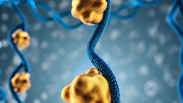 Peptide chain 3D molecular structure in biotechnology visualization, amino acids and protein bonds, nanoscience innovation for medical research, genetics and biology healthcare study
