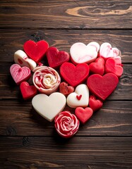 Heart-shaped soaps on wooden background