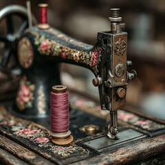 "Close-Up of Antique Sewing Machine with Needle and Thread Detail"