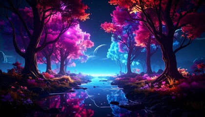 A vibrant, surreal landscape featuring a river winding through a fantastical forest with radiant, colorful trees under a starry night sky and a crescent moon