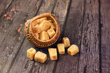 organic jaggery cubes in basket