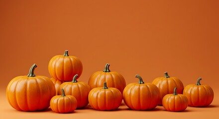 A group of orange pumpkins of various sizes arranged on an orange background