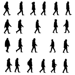 Silhouettes of people walking, shown in various poses and wearing hooded coats, against a white background.